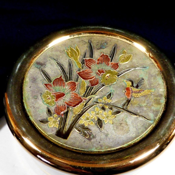 ART OF CHOKIN 24KT GOLD ENGRAVED WHITE TRINKET BOX HUMMINGBIRD DAFFODIL FLOWERS - Picture 5 of 7